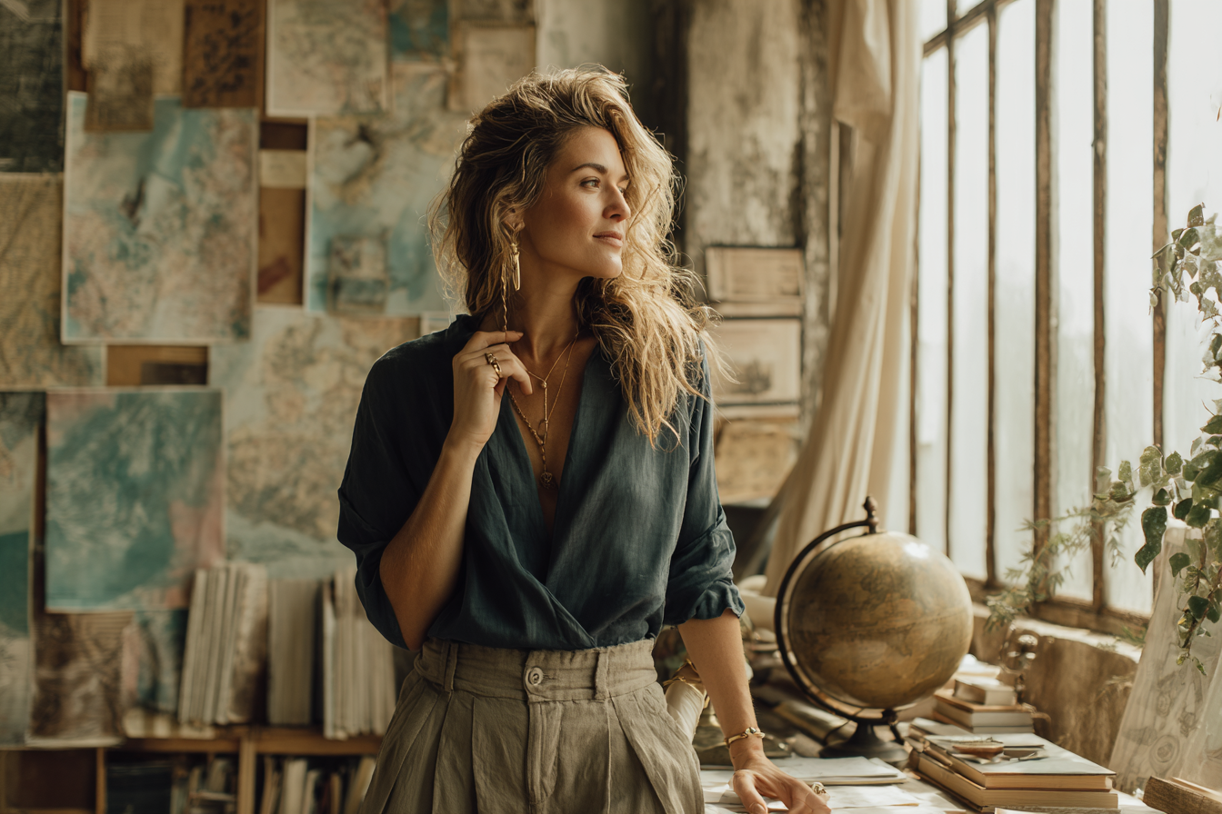 A soulful businesswoman in her early 40s, standing