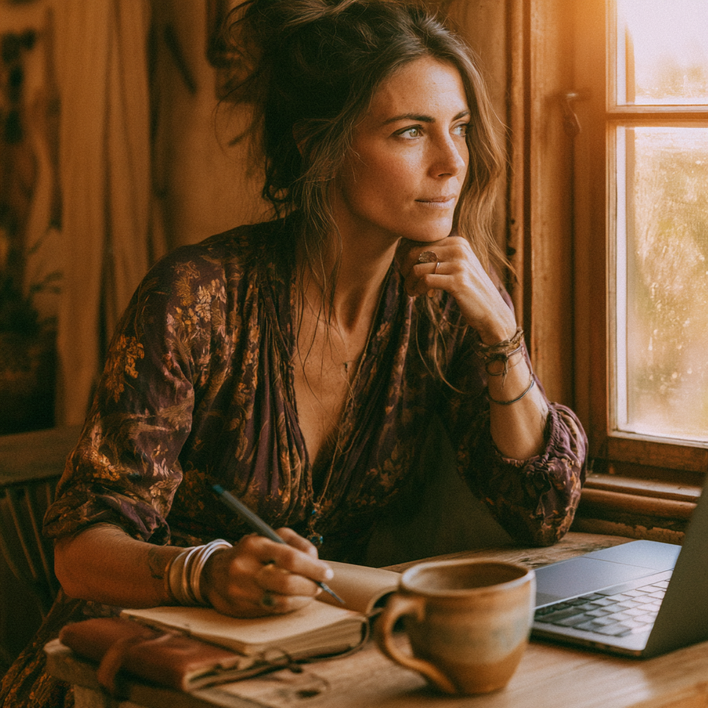 A woman at a wooden desk working through a challenge