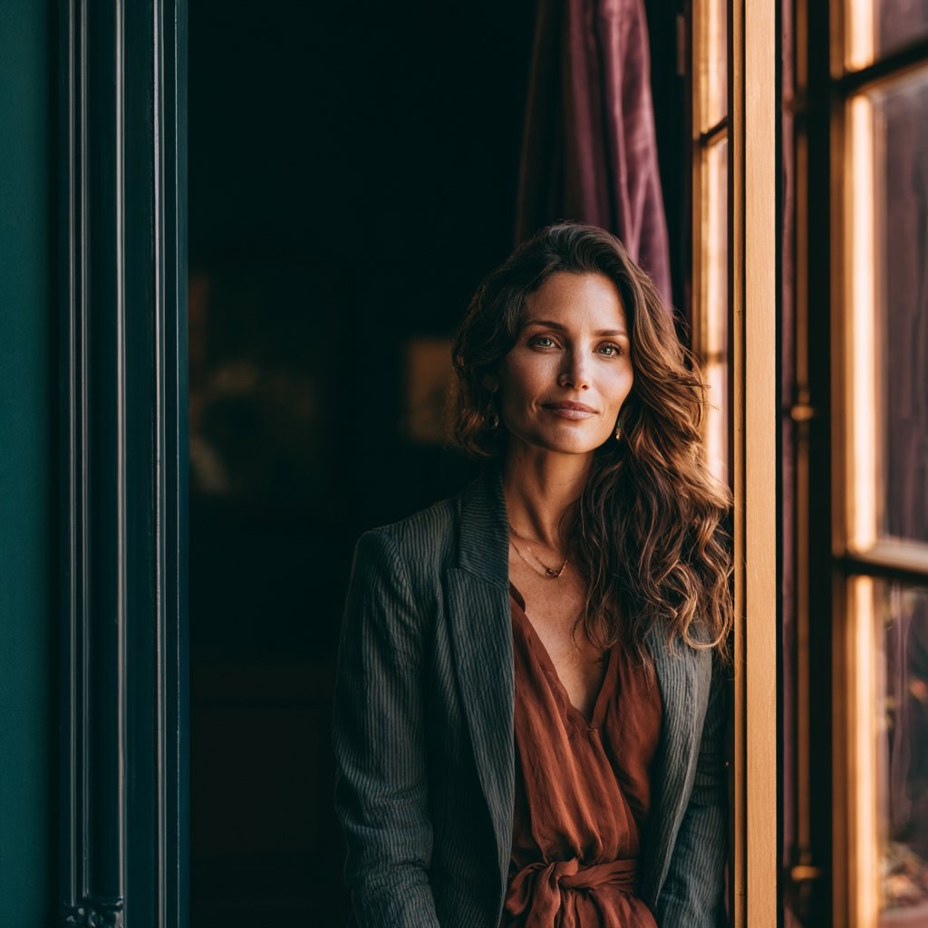 A woman standing in a doorway between a dark interior and warm golden light
