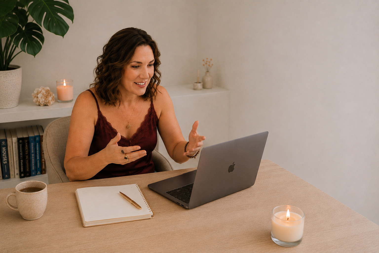 Kathryn advising a client with the workbook and moon calendar open