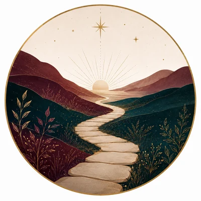 A winding path rising toward a sunrise