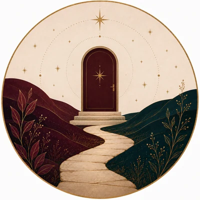 A closed arched doorway at the end of a path