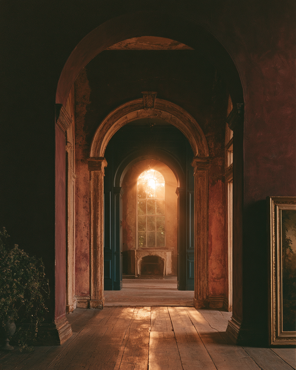 A series of arched doorways receding toward warm light in the far room