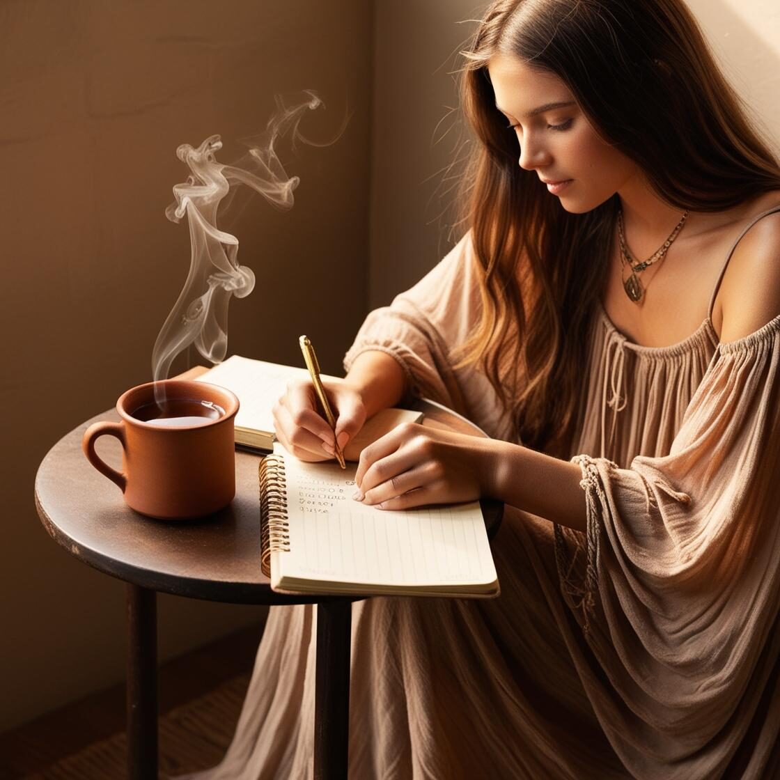 boho woman writing down a list of tasks, there is a cup of chai in front of her_ boho woman writing down a list of tasks, there is a cup of chai in front of her_